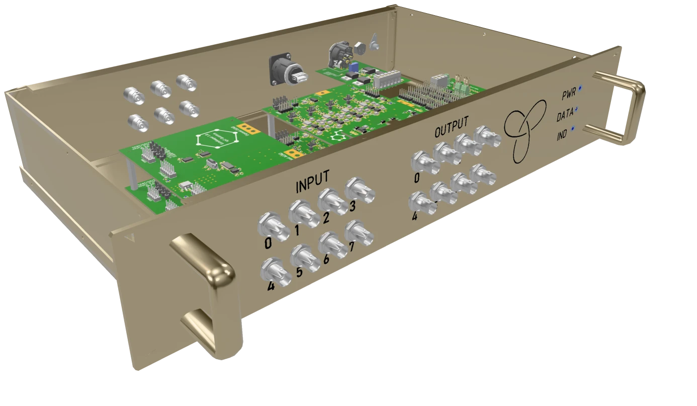 GateKeeper — a rack instrument with the lid off, showing the DAC and ADC boards and the BNC front panel